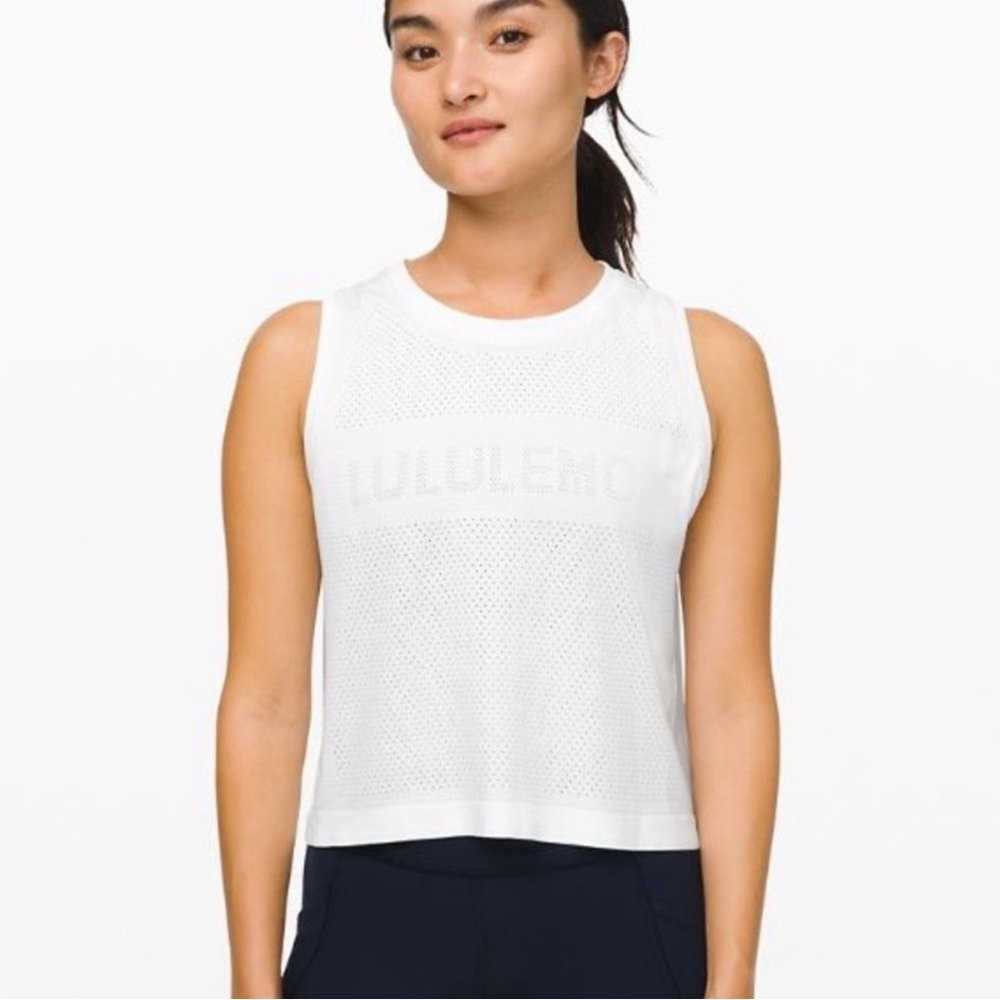Lululemon White Sleeveless Mesh Top Logo